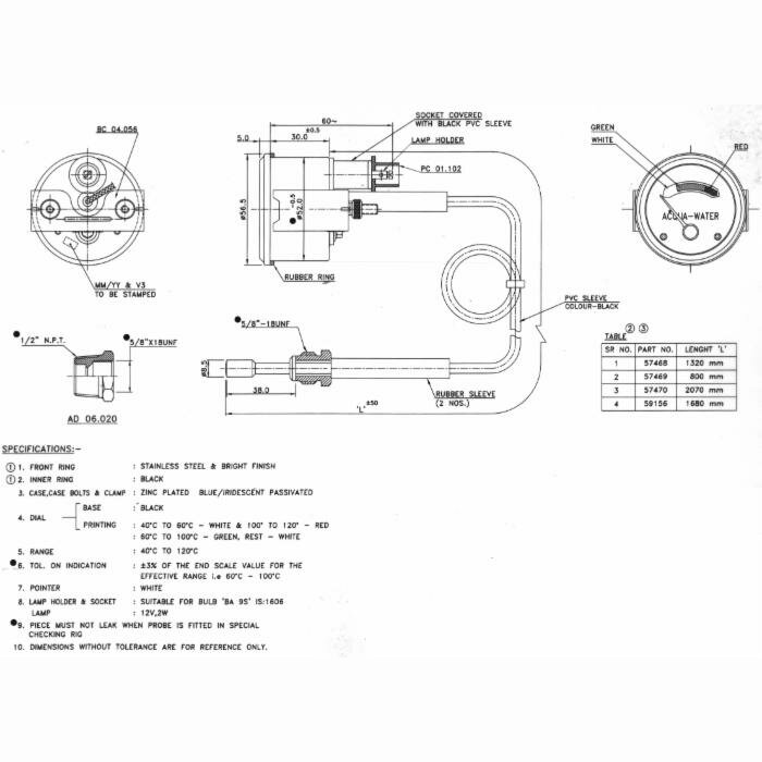 Termometru ceas temperatura apa cablu L 2070 MM 40-120° FIAT D.52