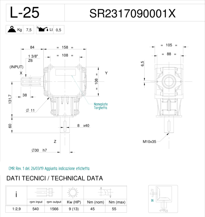 sz9_SR2317090001X_drw_01 Cutie transmisie utilaje L-25 raport 1:2,91 corp de aluminiu intrare ax cardan 1”3/8 Z6 iesire ax drept cu pana de 30 mm. Cu o putere transmisibila de pana la 9 kw (13 HP) cu o turatie a prizei de putere de 540 rotati / minut