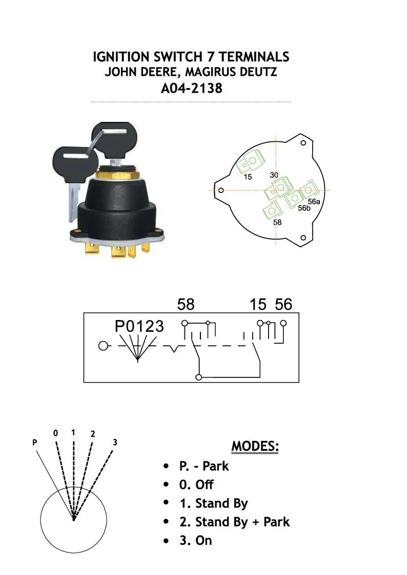 2818-Quadro-avviamento-O-26-7-terminal-tipo-J.-DEERE-e-DEUTZ Starter pornire 2 chei 5 poziti P - 0 - 1 - 2 - 3 pentru jhon deere,magirus,deutz