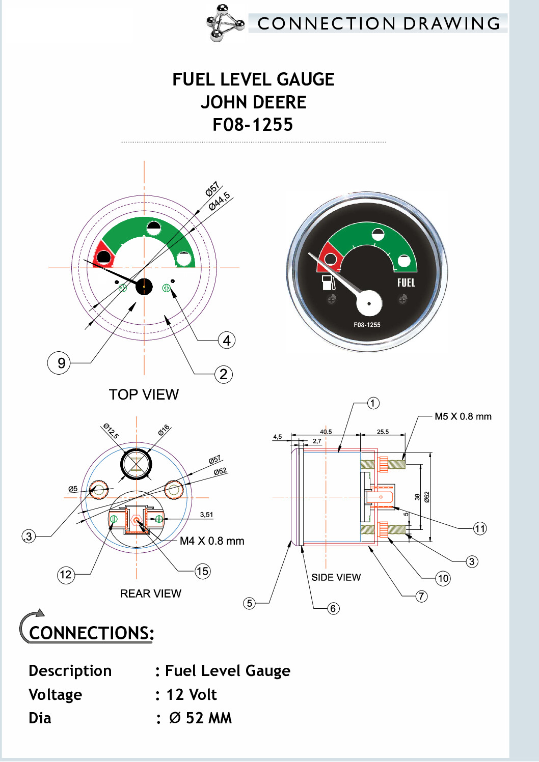 F08-1255-LCR066-pdf Ceas indicator combustibil cu diametrul de 52 mm pentru john deere , contine bulb si lampa lumina